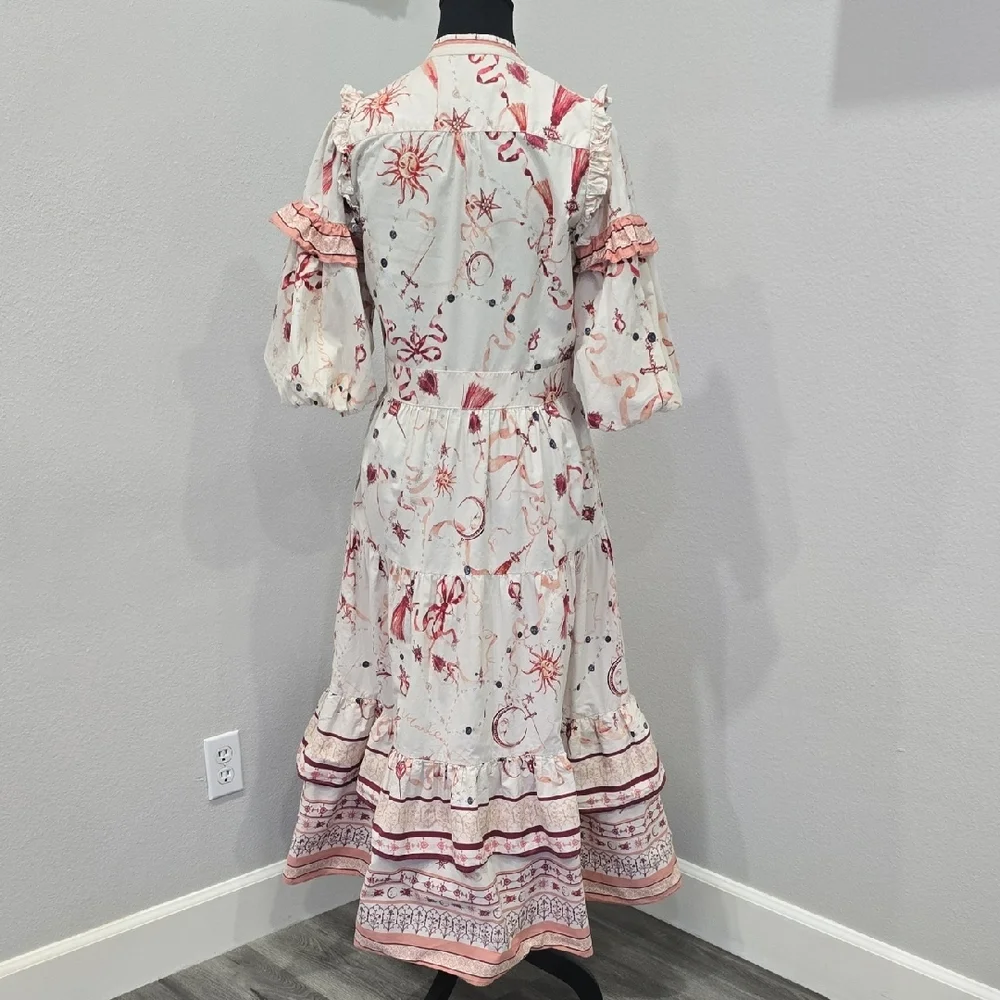 Marchesa Rosa Parker Midi Dress Button Down Puff Sleeve Cream Red Size 8 - Picture 5 of 10